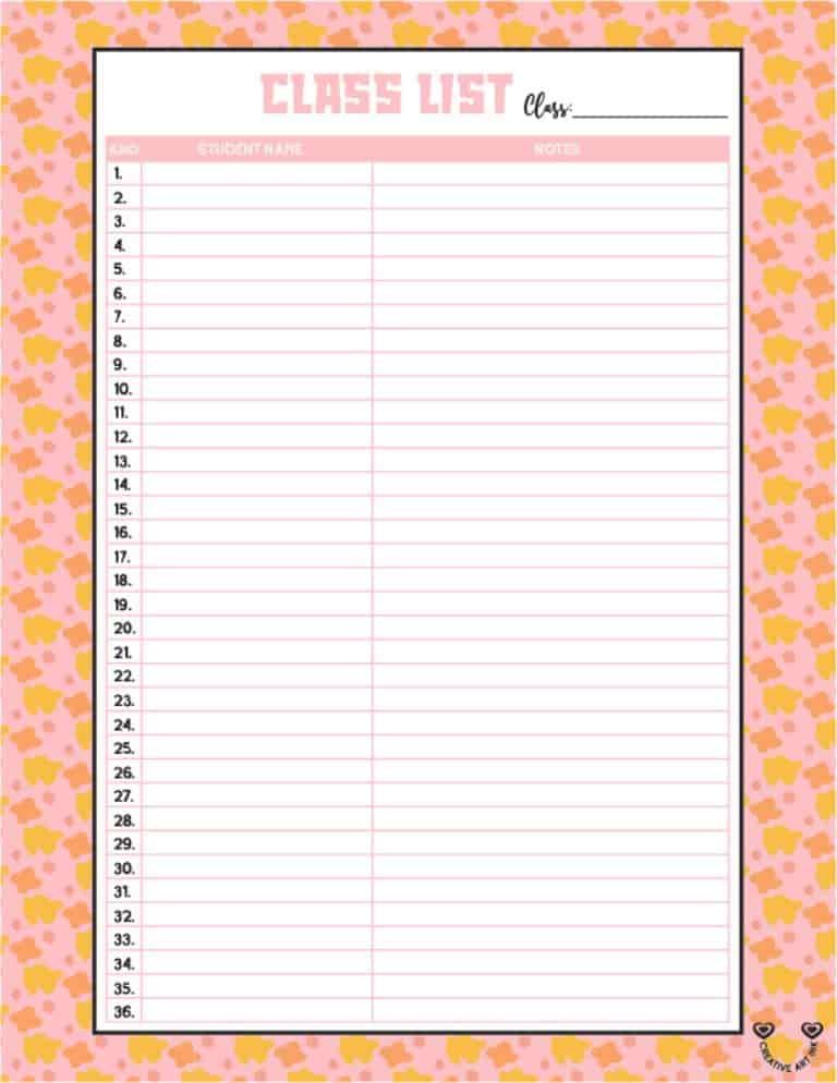 printable class list template 1