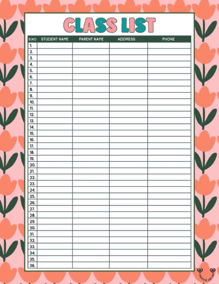 printable class list template 10