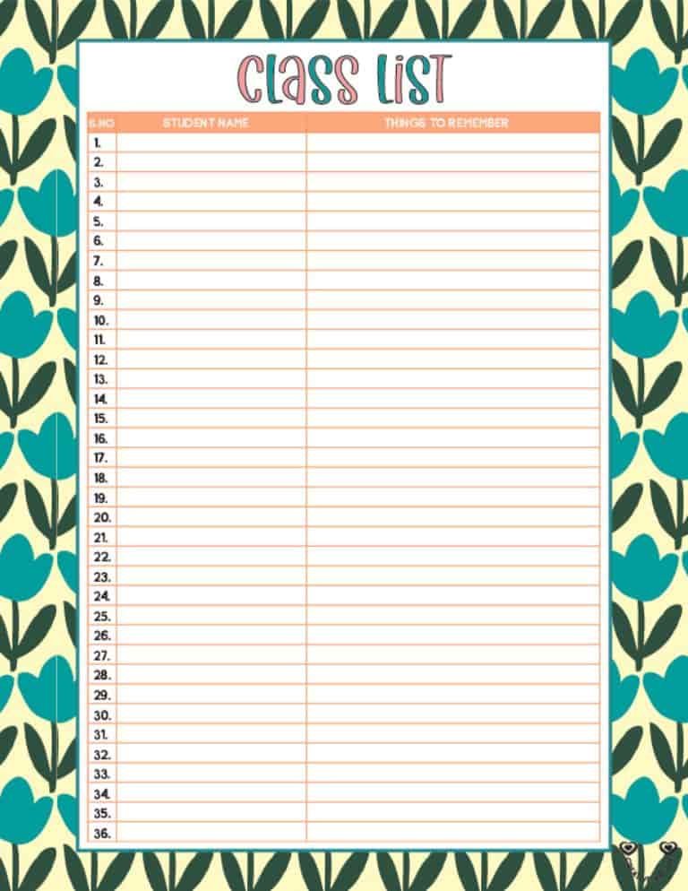 printable class list template 13