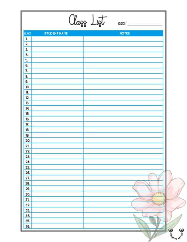 printable class list template 2