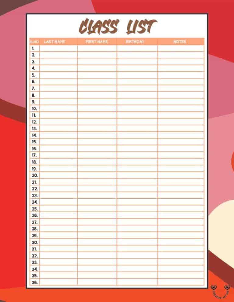 printable class list template 5