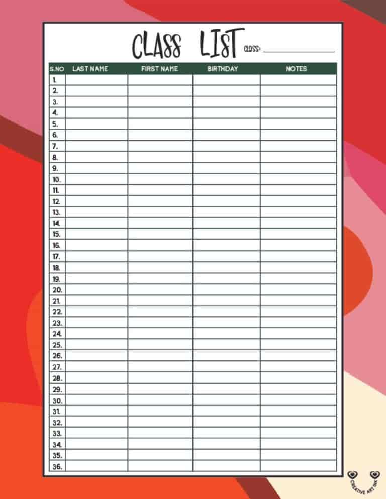 printable class list template 6