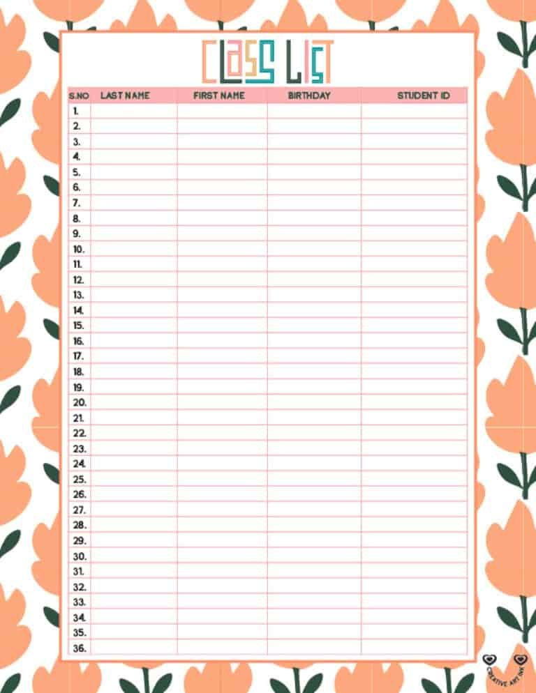 printable class list template 7