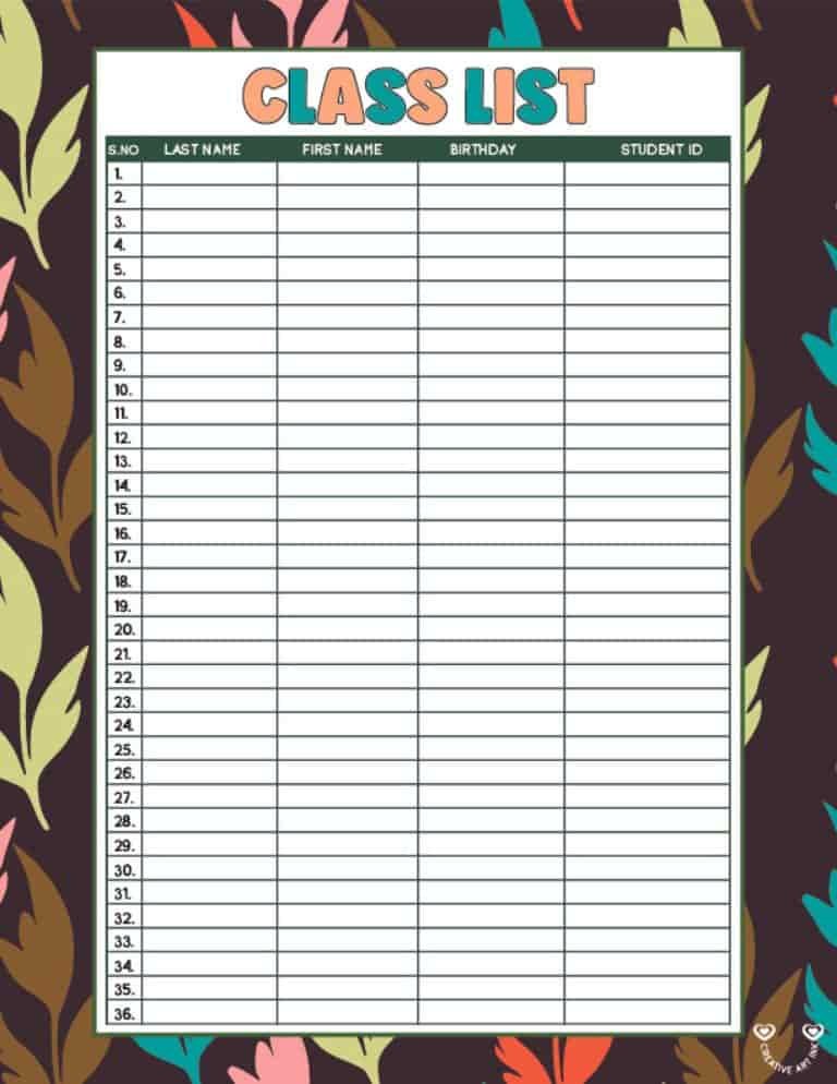 printable class list template 9