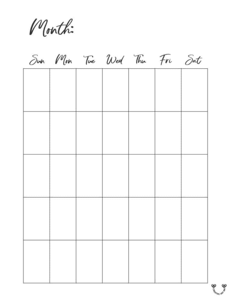 Blank Monthly Calendar Printable Template 12